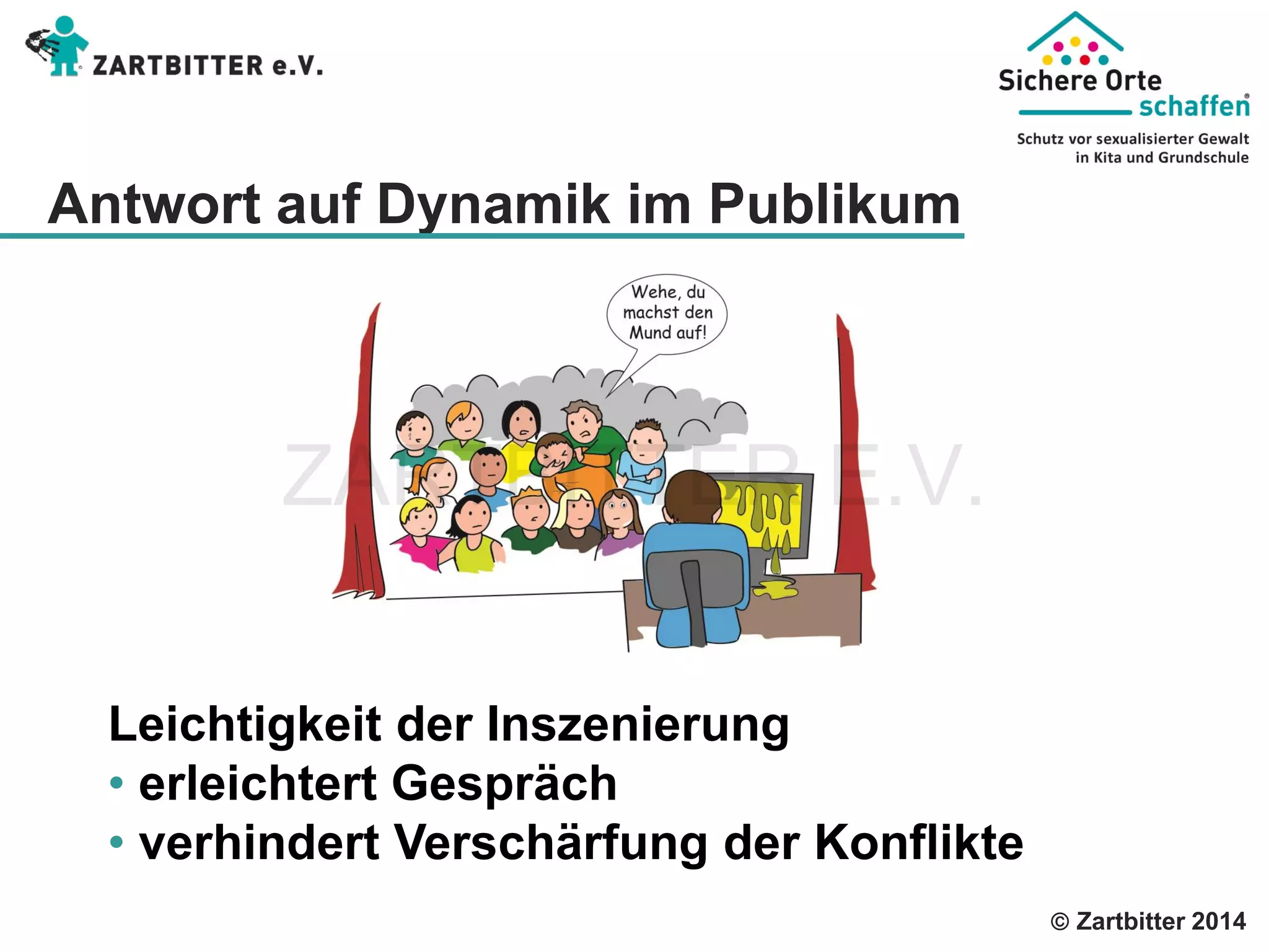  Zartbitter 2014 Antwort auf Dynamik im Publikum 
Leichtigkeit der Inszenierung 
• erleichtert Gespräch 
• verhindert Verschärfung der Konflikte 
ZARTBITTER E.V. 
 