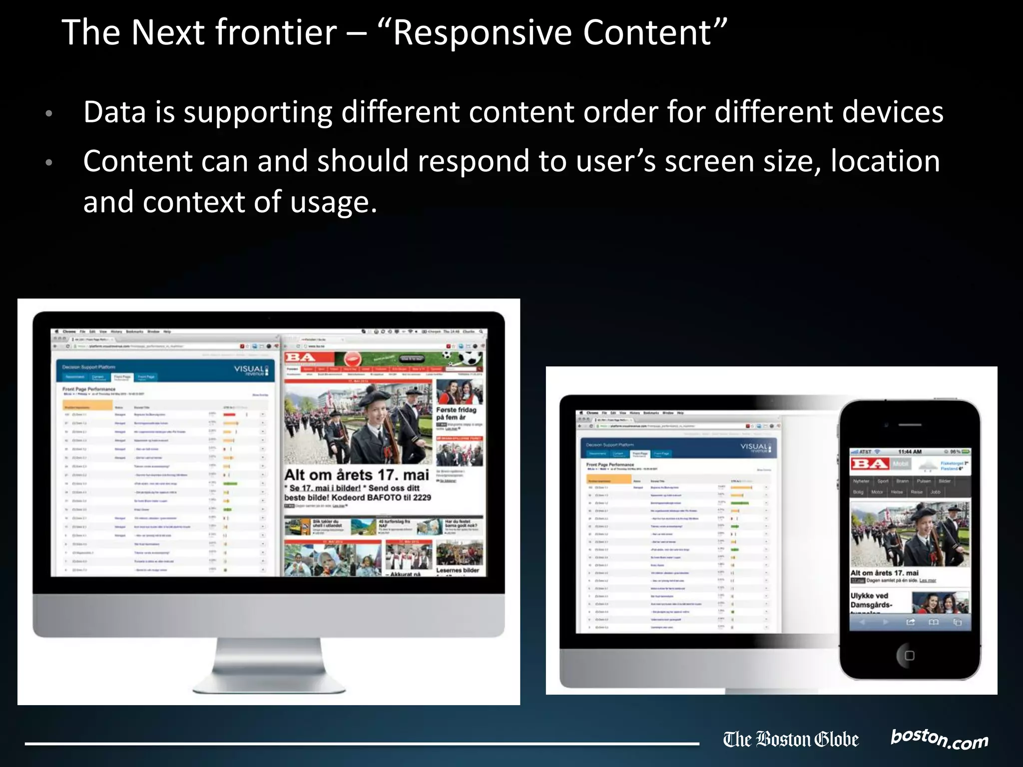 The Next frontier – “Responsive Content”
•    Data is supporting different content order for different devices
•    Content can and should respond to user’s screen size, location
     and context of usage.
 