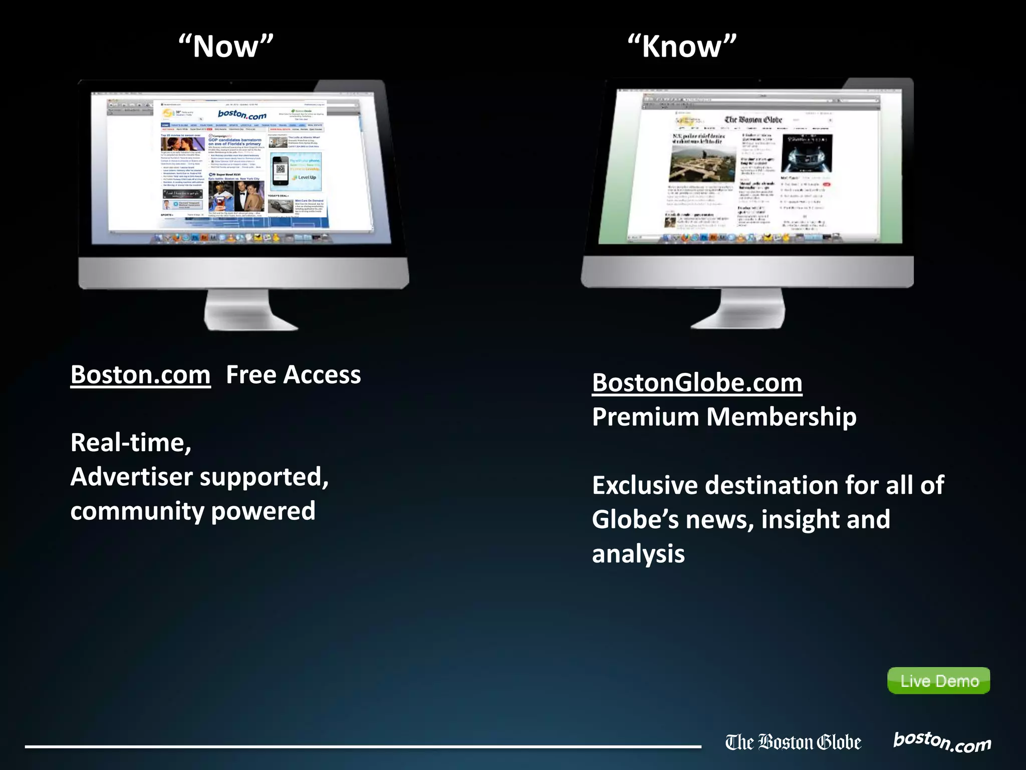 “Now”               “Know”




Boston.com Free Access   BostonGlobe.com
                         Premium Membership
Real-time,
Advertiser supported,    Exclusive destination for all of
community powered        Globe’s news, insight and
                         analysis
 