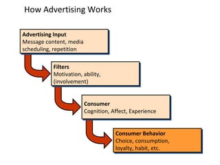 How Advertising Works Advertising Input Message content, media scheduling, repetition Advertising Input Message content, media scheduling, repetition Filters Motivation, ability, (involvement) Consumer Cognition, Affect, Experience Filters Motivation, ability, (involvement) Consumer Cognition, Affect, Experience Consumer Behavior Choice, consumption, loyalty, habit, etc. 