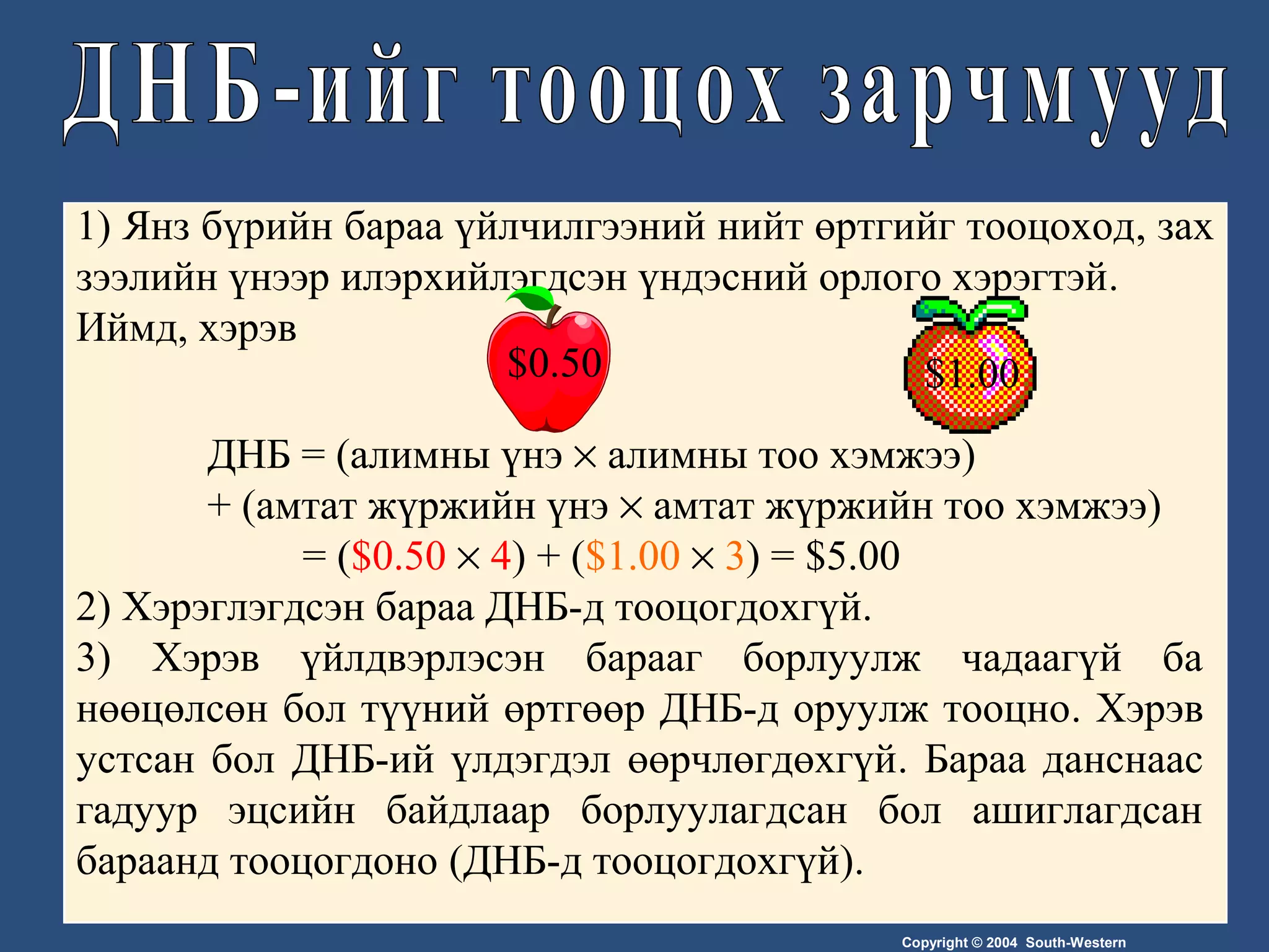Copyright © 2004 South-Western
1) Янз бүрийн бараа үйлчилгээний нийт өртгийг тооцоход, зах
зээлийн үнээр илэрхийлэгдсэн үндэсний орлого хэрэгтэй.
Иймд, хэрэв
$0.50 $1.00
ДНБ = (алимны үнэ × алимны тоо хэмжээ)
+ (амтат жүржийн үнэ × амтат жүржийн тоо хэмжээ)
= ($0.50 × 4) + ($1.00 × 3) = $5.00
2) Хэрэглэгдсэн бараа ДНБ-д тооцогдохгүй.
3) Хэрэв үйлдвэрлэсэн барааг борлуулж чадаагүй ба
нөөцөлсөн бол түүний өртгөөр ДНБ-д оруулж тооцно. Хэрэв
устсан бол ДНБ-ий үлдэгдэл өөрчлөгдөхгүй. Бараа данснаас
гадуур эцсийн байдлаар борлуулагдсан бол ашиглагдсан
бараанд тооцогдоно (ДНБ-д тооцогдохгүй).
 