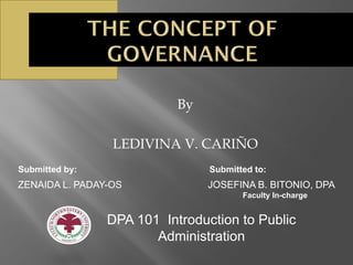 By
LEDIVINA V. CARIÑO
ZENAIDA L. PADAY-OS JOSEFINA B. BITONIO, DPA
Submitted by: Submitted to:
Faculty In-charge
DPA 101 Introduction to Public
Administration
 