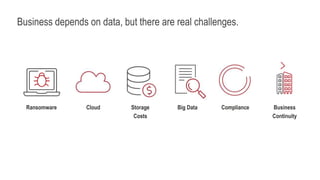 Business depends on data, but there are real challenges.
Ransomware Storage
Costs
Compliance Business
Continuity
Cloud Big Data
 