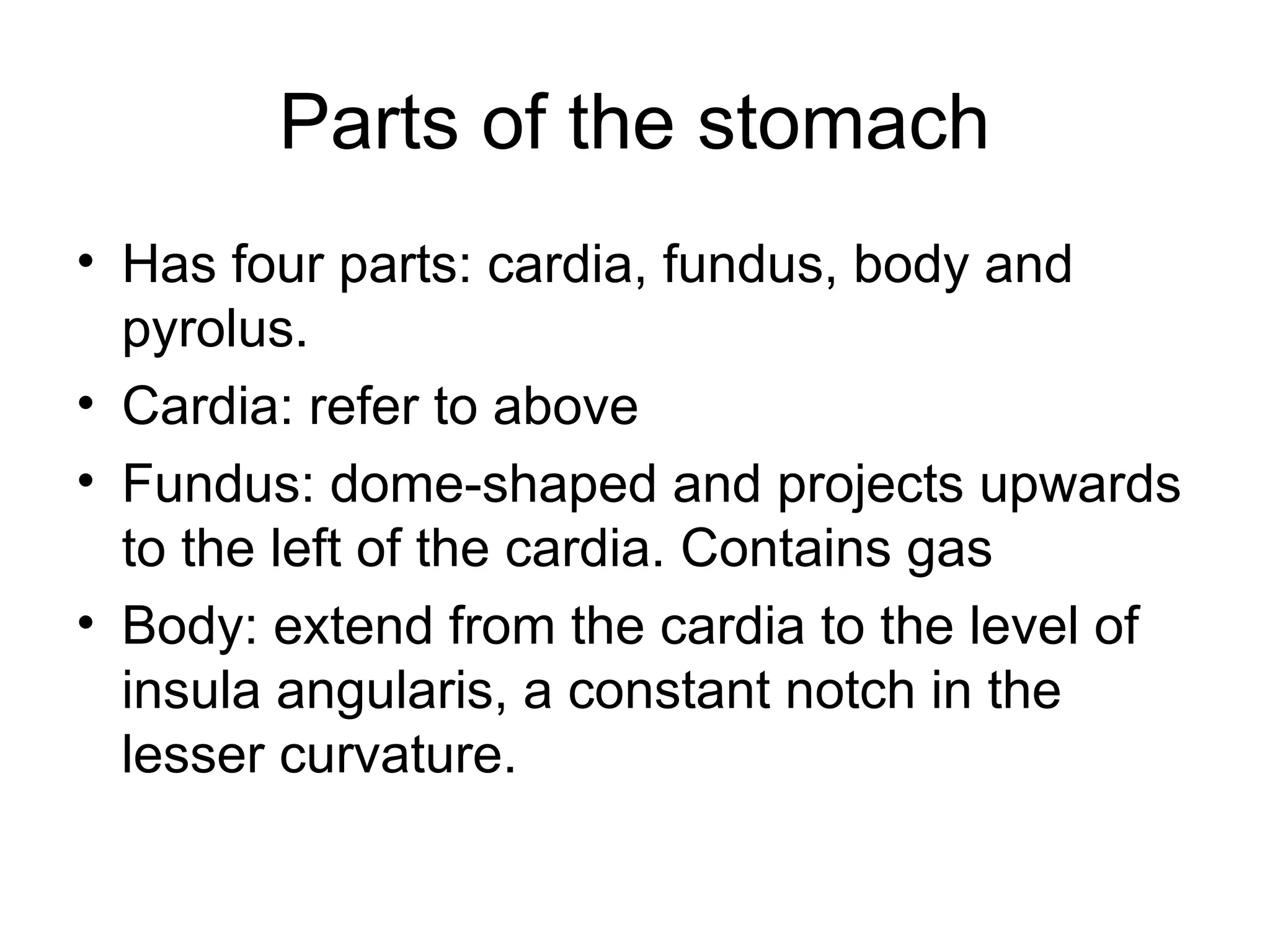 Parts of the stomach
• Has four parts: cardia, fundus, body and
pyrolus.
• Cardia: refer to above
• Fundus: dome-shaped and projects upwards
to the left of the cardia. Contains gas
• Body: extend from the cardia to the level of
insula angularis, a constant notch in the
lesser curvature.
 
