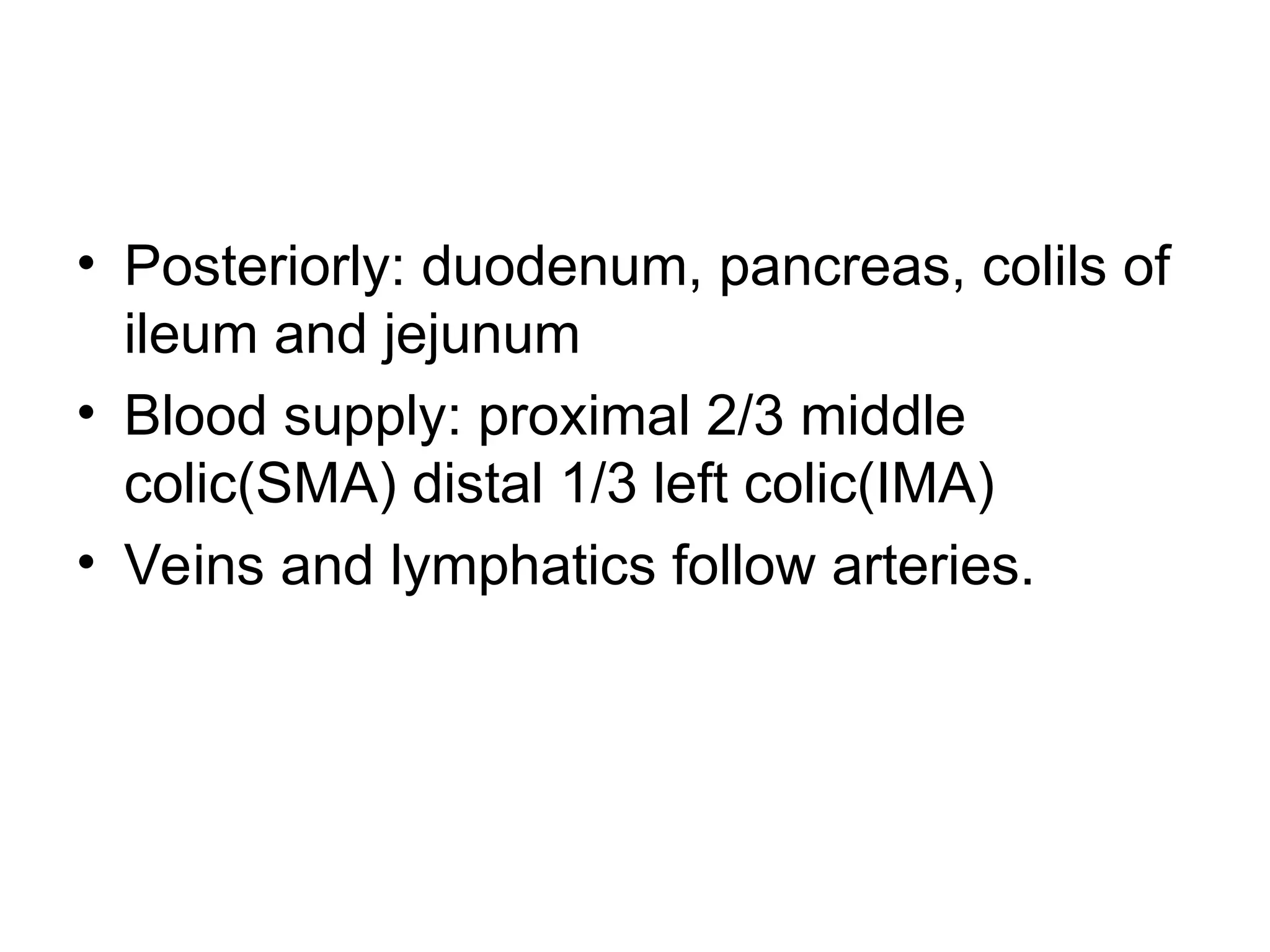 • Posteriorly: duodenum, pancreas, colils of
ileum and jejunum
• Blood supply: proximal 2/3 middle
colic(SMA) distal 1/3 left colic(IMA)
• Veins and lymphatics follow arteries.
 