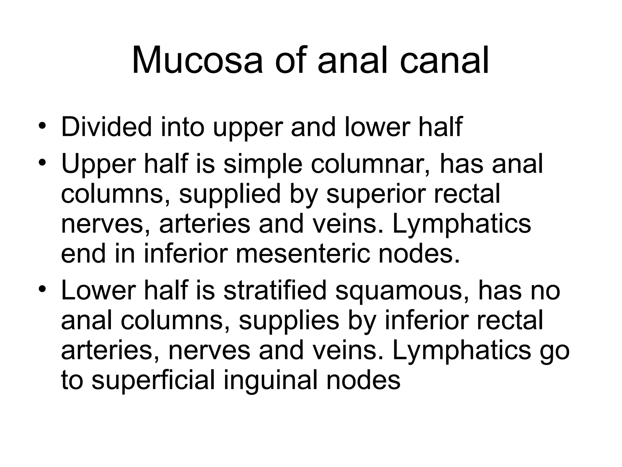 Mucosa of anal canal
• Divided into upper and lower half
• Upper half is simple columnar, has anal
columns, supplied by superior rectal
nerves, arteries and veins. Lymphatics
end in inferior mesenteric nodes.
• Lower half is stratified squamous, has no
anal columns, supplies by inferior rectal
arteries, nerves and veins. Lymphatics go
to superficial inguinal nodes
 