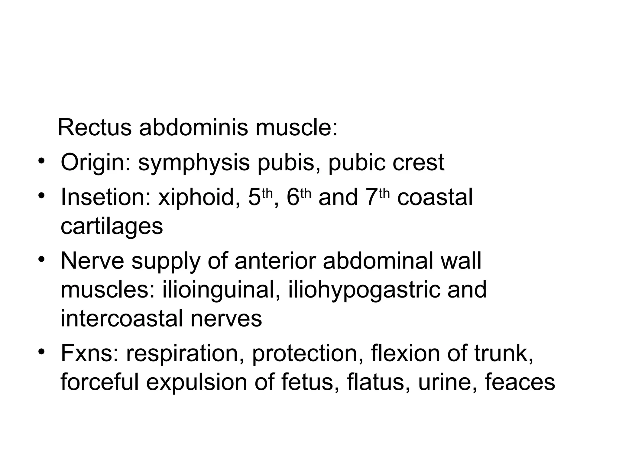 Rectus abdominis muscle:
• Origin: symphysis pubis, pubic crest
• Insetion: xiphoid, 5th
, 6th
and 7th
coastal
cartilages
• Nerve supply of anterior abdominal wall
muscles: ilioinguinal, iliohypogastric and
intercoastal nerves
• Fxns: respiration, protection, flexion of trunk,
forceful expulsion of fetus, flatus, urine, feaces
 