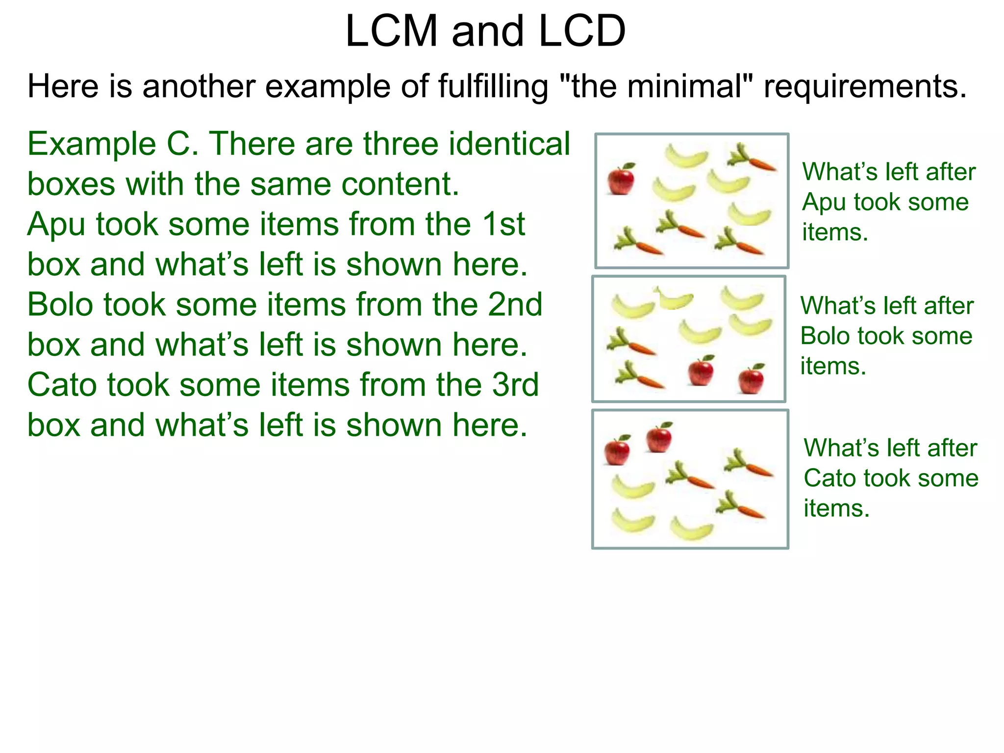 Example C. There are three identical
boxes with the same content.
Apu took some items from the 1st
box and what’s left is shown here.
Bolo took some items from the 2nd
box and what’s left is shown here.
Cato took some items from the 3rd
box and what’s left is shown here.
LCM and LCD
What’s left after
Apu took some
items.
What’s left after
Bolo took some
items.
What’s left after
Cato took some
items.
Here is another example of fulfilling "the minimal" requirements.
 