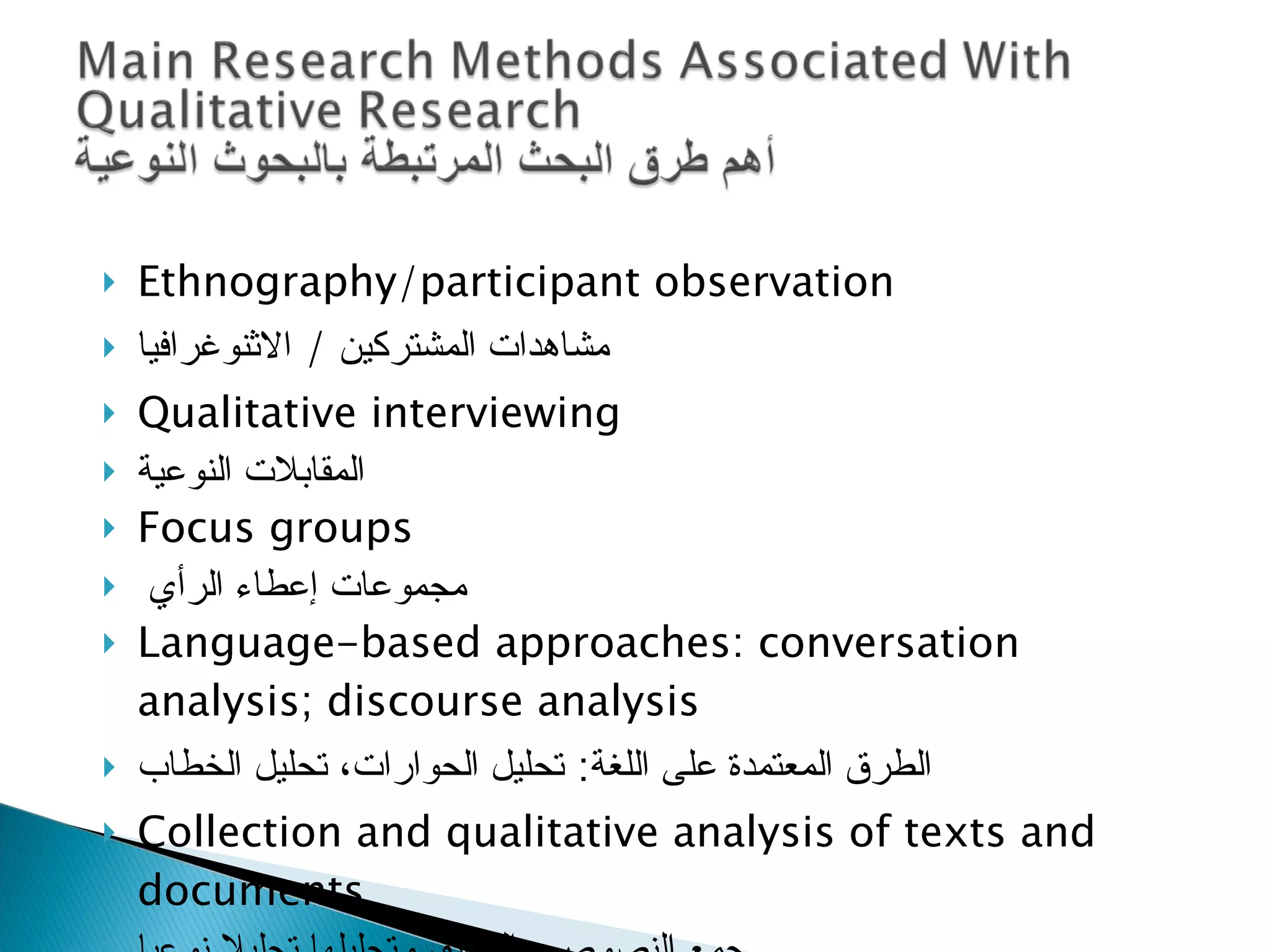Ethnography/participant observation مشاهدات المشتركين  /  الاثنوغرافيا Qualitative interviewing المقابلات النوعية Focus groups مجموعات إعطاء الرأي  Language-based approaches: conversation analysis; discourse analysis الطرق المعتمدة على اللغة :  تحليل الحوارات، تحليل الخطاب Collection and qualitative analysis of texts and documents جمع النصوص والوثائق وتحليلها تحليلا نوعيا 