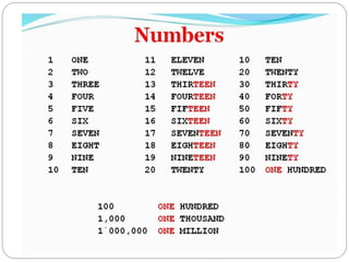 ORDINAL NUMBERS
 Ordinal numbers are used to put things in order. This
can be anything from an address to the position a
...