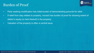 Grounds for Relief From Stay
11 U.S.C. § 362(d)—Four statutory grounds for relief:
1. Cause, including creditor’s lack of ...