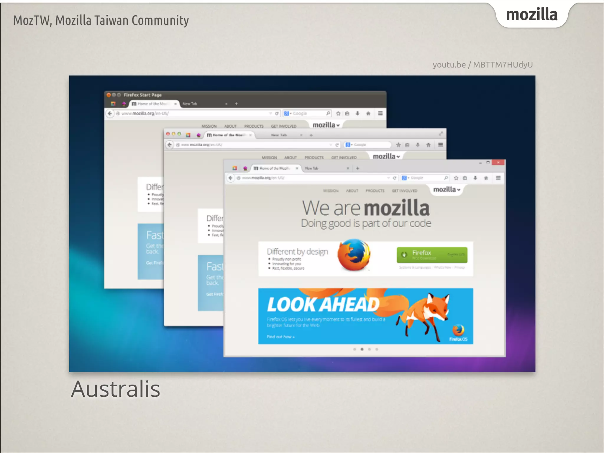 mozilla

MozTW, Mozilla Taiwan Community

youtu.be / MBTTM7HUdyU

Text

Australis

 