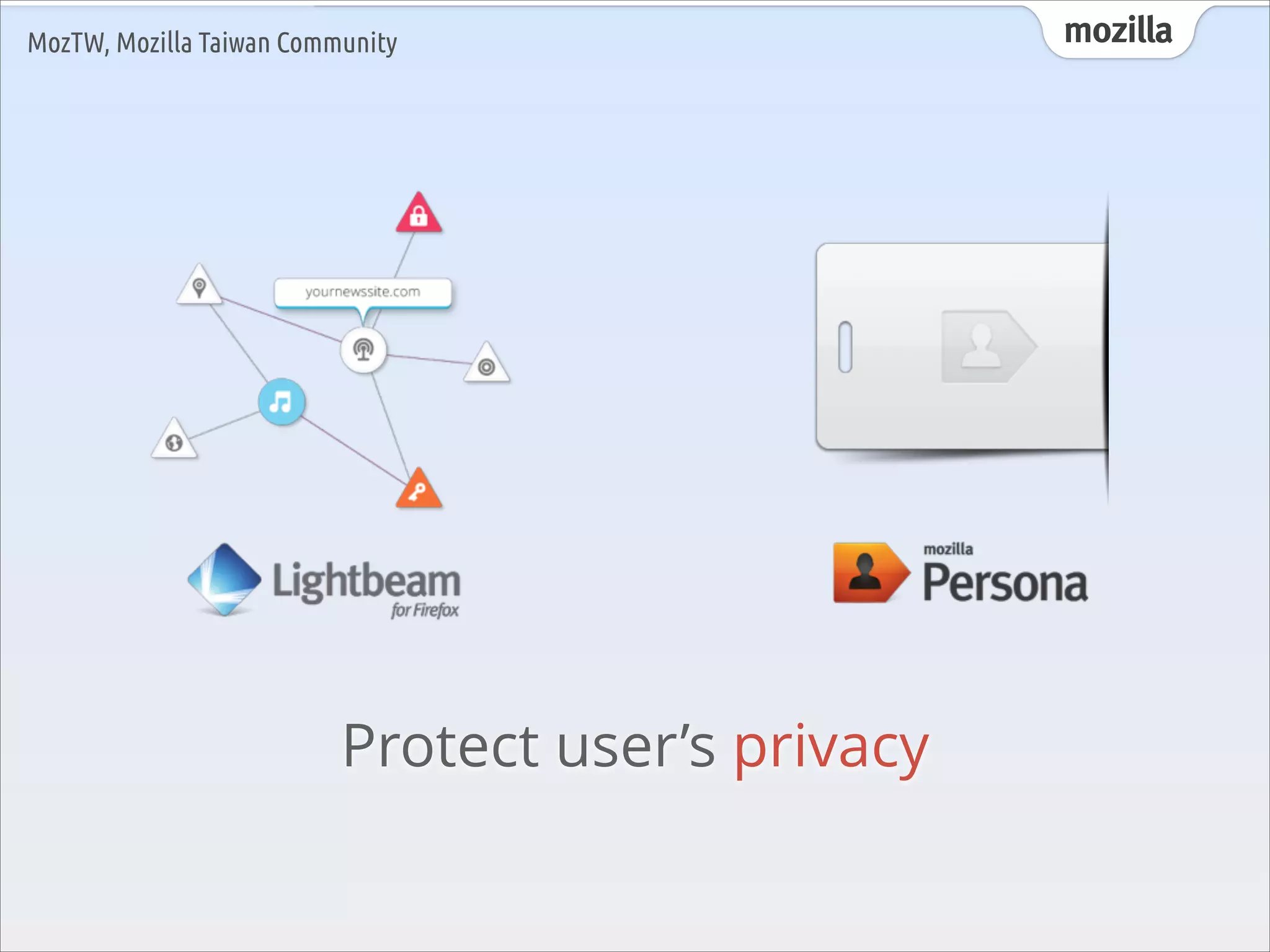 MozTW, Mozilla Taiwan Community

Protect user’s privacy

mozilla

 