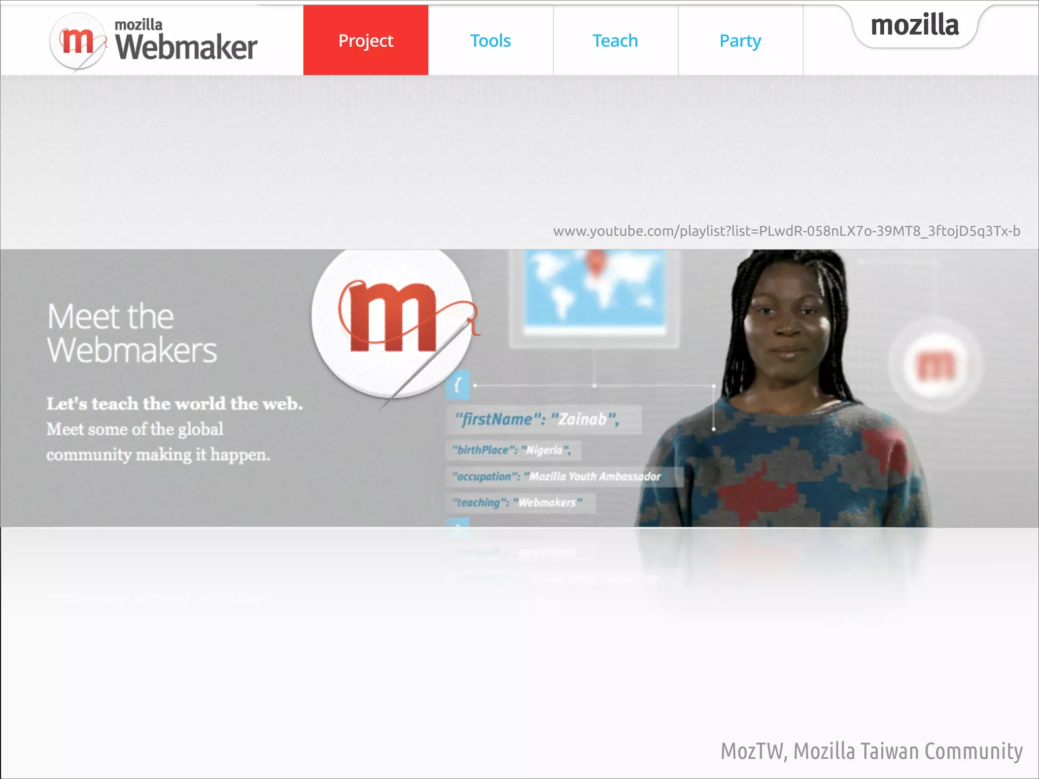 MozTW, Mozilla Taiwan Community

mozilla

A new way for Mozilla to work: teaching and
building things with ‘web makers’

MozTW, Mozilla Taiwan Community

 