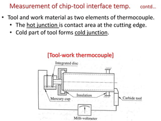 Measurement of chip-tool interface temp. contd…
• Tool and work material as two elements of thermocouple.
• The hot junction is contact area at the cutting edge.
• Cold part of tool forms cold junction.
[Tool-work thermocouple]
 