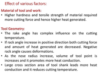 Effect of various factors:
Material of tool and work:
• Higher hardness and tensile strength of material required
more cutting force and hence higher heat generated.
Tool Geometry:
• The rake angle has complex influence on the cutting
temperature.
• If rack angle increase in positive direction both cutting force
and amount of heat generated are decreased. Negative
rack angle causes deformations.
• As the nose radius increase, volume of tool point is
increases and it promotes more heat conduction.
• Large cross section area of tool shank leads more heat
conduction and it reduces cutting temperature.
 