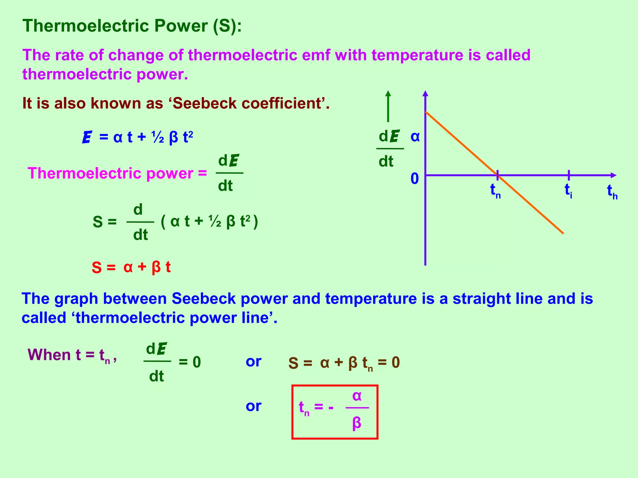 Thermoelectric Power (S):
The rate of change of thermoelectric emf with temperature is called
thermoelectric power.
It is also known as ‘Seebeck coefficient’.
0
tn ti th
αE = α t + ½ β t2
Thermoelectric power =
dt
dE
S =
dt
d
( α t + ½ β t2
)
S = α + β t
The graph between Seebeck power and temperature is a straight line and is
called ‘thermoelectric power line’.
When t = tn ,
dt
dE
= 0
dt
dE
or S = α + β tn = 0
or tn = -
β
α
 