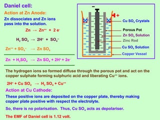 Daniel cell:
Copper Vessel
Porous Pot
Zinc Rod
Zn SO4 Solution
Cu SO4 Solution
Cu SO4 Crystals
Action at Zn Anode:
Zn → Zn++
+ 2 e-
H2 SO4 → 2H+
+ SO4
--
Zn++
+ SO4
--
→ Zn SO4
Zn + H2SO4 → Zn SO4 + 2H+
+ 2e-
The hydrogen ions so formed diffuse through the porous pot and act on the
copper sulphate forming sulphuric acid and liberating Cu++
ions.
Zn dissociates and Zn ions
pass into the solution.
2H+
+ Cu SO4 → H2 SO4 + Cu++
These positive ions are deposited on the copper plate, thereby making
copper plate positive with respect the electrolyte.
So, there is no polarisation. Thus, Cu SO4 acts as depolariser.
The EMF of Daniel cell is 1.12 volt.
Action at Cu Cathode:
 
