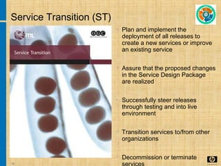16
Service Transition (ST)
• Plan and implement the
deployment of all releases to
create a new services or improve
an existing service
• Assure that the proposed changes
in the Service Design Package
are realized
• Successfully steer releases
through testing and into live
environment
• Transition services to/from other
organizations
• Decommission or terminate
services
 