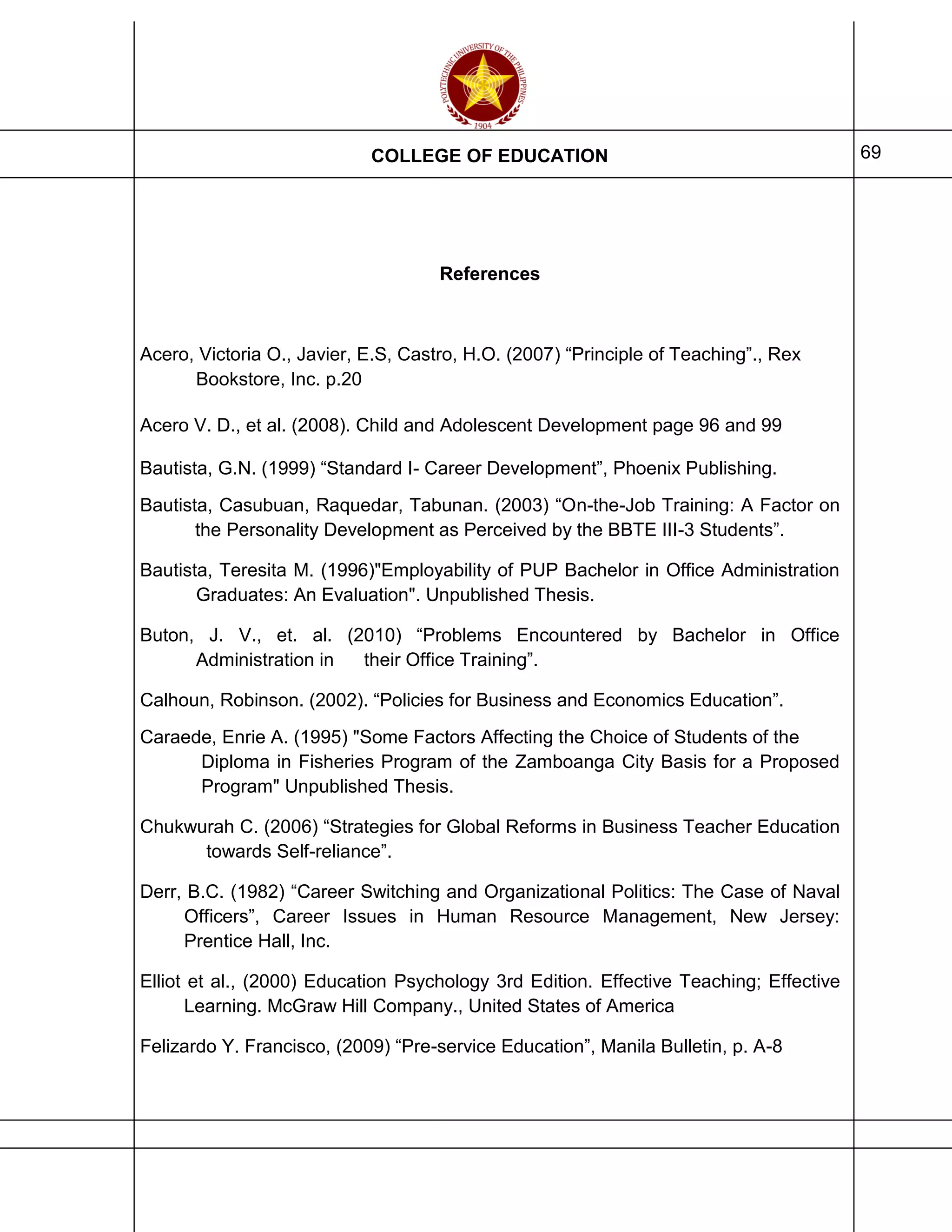 COLLEGE OF EDUCATION 69
References
Acero, Victoria O., Javier, E.S, Castro, H.O. (2007) “Principle of Teaching”., Rex
Bookstore, Inc. p.20
Acero V. D., et al. (2008). Child and Adolescent Development page 96 and 99
Bautista, G.N. (1999) “Standard I- Career Development”, Phoenix Publishing.
Bautista, Casubuan, Raquedar, Tabunan. (2003) “On-the-Job Training: A Factor on
the Personality Development as Perceived by the BBTE III-3 Students”.
Bautista, Teresita M. (1996)"Employability of PUP Bachelor in Office Administration
Graduates: An Evaluation". Unpublished Thesis.
Buton, J. V., et. al. (2010) “Problems Encountered by Bachelor in Office
Administration in their Office Training”.
Calhoun, Robinson. (2002). “Policies for Business and Economics Education”.
Caraede, Enrie A. (1995) "Some Factors Affecting the Choice of Students of the
Diploma in Fisheries Program of the Zamboanga City Basis for a Proposed
Program" Unpublished Thesis.
Chukwurah C. (2006) “Strategies for Global Reforms in Business Teacher Education
towards Self-reliance”.
Derr, B.C. (1982) “Career Switching and Organizational Politics: The Case of Naval
Officers”, Career Issues in Human Resource Management, New Jersey:
Prentice Hall, Inc.
Elliot et al., (2000) Education Psychology 3rd Edition. Effective Teaching; Effective
Learning. McGraw Hill Company., United States of America
Felizardo Y. Francisco, (2009) “Pre-service Education”, Manila Bulletin, p. A-8
 