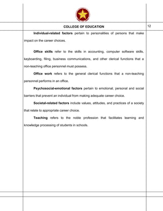 COLLEGE OF EDUCATION 12
Individual-related factors pertain to personalities of persons that make
impact on the career choices.
Office skills refer to the skills in accounting, computer software skills,
keyboarding, filing, business communications, and other clerical functions that a
non-teaching office personnel must possess.
Office work refers to the general clerical functions that a non-teaching
personnel performs in an office.
Psychosocial-emotional factors pertain to emotional, personal and social
barriers that prevent an individual from making adequate career choice.
Societal-related factors include values, attitudes, and practices of a society
that relate to appropriate career choice.
Teaching refers to the noble profession that facilitates learning and
knowledge processing of students in schools.
 