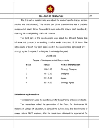 COLLEGE OF EDUCATION 29
The first part of questionnaire was about the student’s profile (name, gender,
section and specialization). The second part of the questionnaire was a checklist
composed of seven items. Respondents were asked to answer each question by
checking the corresponding box in the columns.
The third part of the questionnaire was about the different factors that
influence the pursuance to teaching or office works composed of 25 items. The
rating scale or Likert four-point scale used in the questionnaire composed of 4 –
strongly agree; 3 – agree; 2 – disagree; 1 – strongly disagree).
Likert Scale
Degree of the Agreement of Respondents
Scale Range Verbal Interpretation
1 1.00-1.50 Strongly Disagree
2 1.51-2.50 Disagree
3 2.51-3.50 Agree
4 3.51-4.00 Strongly Agree
Data-Gathering Procedure
The researchers used the questionnaire for the gathering of the desired data.
The researchers asked the permission of the Dean, Dr. Junithesmer D.
Rosales of College of Education, to conduct the survey about the determinants of
career path of BBTE students. After the researchers obtained the approval of Dr.
 