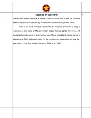 COLLEGE OF EDUCATION 5
actualization needs describe a person’s need to reach his or her full potential.
Maslow believed that we naturally strive to climb this hierarchy (Jamali, 2015).
There is too much individual variation for the hierarchy of motives to apply to
everyone as the critics of Maslow’s theory argue (Rathus, 2012). However, each
person pictures the world in a very unique way. These perceptions make a person to
phenomenal field. Individuals react to the environment depending on how they
perceive it or how they perceive the world (Elliot et al., 2000).
 