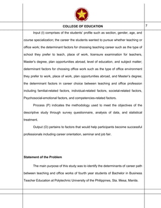 COLLEGE OF EDUCATION 7
Input (I) comprises of the students’ profile such as section, gender, age, and
course specialization; the career the students wanted to pursue whether teaching or
office work; the determinant factors for choosing teaching career such as the type of
school they prefer to teach, place of work, licensure examination for teachers,
Master’s degree, plan opportunities abroad, level of education, and subject matter;
determinant factors for choosing office work such as the type of office environment
they prefer to work, place of work, plan opportunities abroad, and Master’s degree;
the determinant factors in career choice between teaching and office profession
including familial-related factors, individual-related factors, societal-related factors,
Psychosocial-emotional factors, and competencies-related factors.
Process (P) indicates the methodology used to meet the objectives of the
descriptive study through survey questionnaire, analysis of data, and statistical
treatment.
Output (O) pertains to factors that would help participants become successful
professionals including career orientation, seminar and job fair.
Statement of the Problem
The main purpose of this study was to identify the determinants of career path
between teaching and office works of fourth year students of Bachelor in Business
Teacher Education at Polytechnic University of the Philippines, Sta. Mesa, Manila.
 