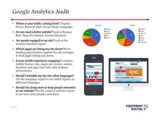 • Where is your traffic coming from? Organic,
Direct, Referral, Paid, Social, Email, Campaign
• Do you need a better website? Look at Bounce
Rate, Pages Per Session, Session Duration.
• Are people engaged in my site? Look at the
sessions duration report.
• Which pages are letting my site down? Pivot
landing page bounces against the site averages
to find pages letting you down.
• Is your mobile experience engaging? Compare
mobile bounce rate, pages per session, session
duration and page load time with desktop
performance.
• Should I translate my site into other languages?
Use the language report to see visitor figures in
different languages.
• Should I be doing more to keep people interested
in our website? Use the count of sessions report
to see how often people come back.
Google Analytics Audit
Slide 5
 