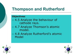 Thompson and Rutherford
Objectives:
 4.5 Analyze the behaviour of
cathode rays.
 4.7 Analyze Thomson’s atomic
model.
 4.8 Analyze Rutherford’s atomic
Model
 