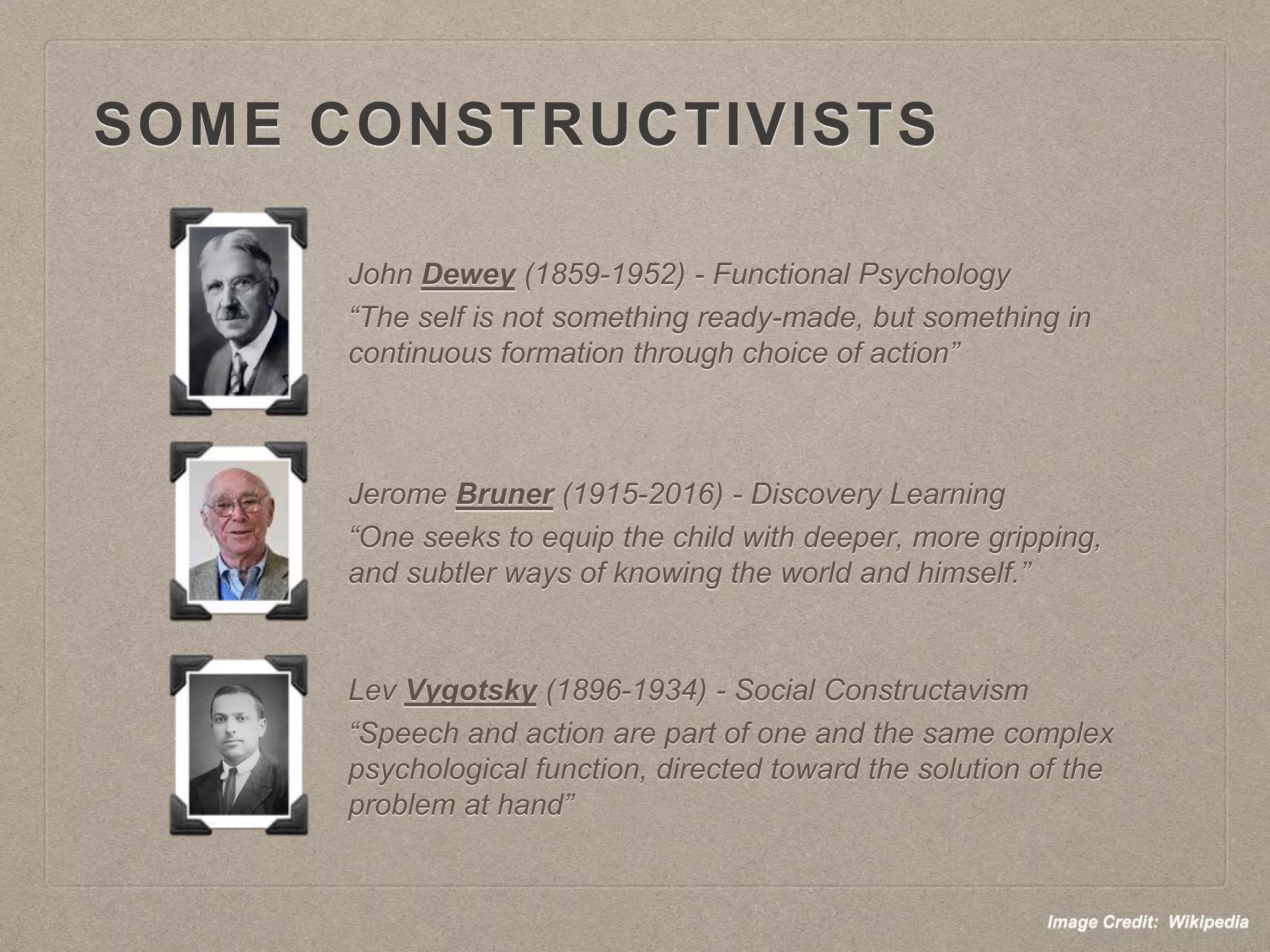 SOME CONSTRUCTIVISTS
John Dewey (1859-1952) - Functional Psychology
“The self is not something ready-made, but something in
continuous formation through choice of action”
Lev Vygotsky (1896-1934) - Social Constructavism
“Speech and action are part of one and the same complex
psychological function, directed toward the solution of the
problem at hand”
Jerome Bruner (1915-2016) - Discovery Learning
“One seeks to equip the child with deeper, more gripping,
and subtler ways of knowing the world and himself.”
Image Credit: Wikipedia
 
