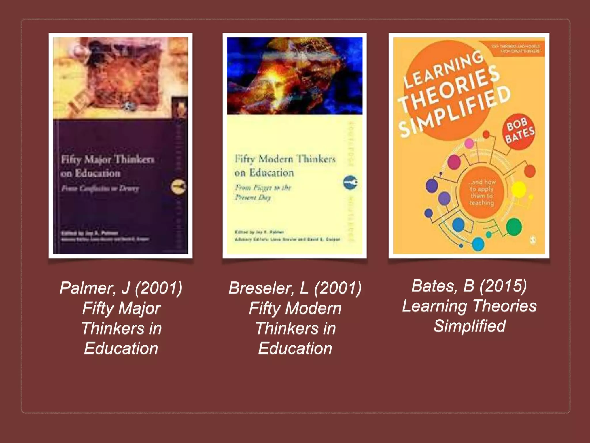 Palmer, J (2001)
Fifty Major
Thinkers in
Education
Breseler, L (2001)
Fifty Modern
Thinkers in
Education
Bates, B (2015)
Learning Theories
Simplified
 