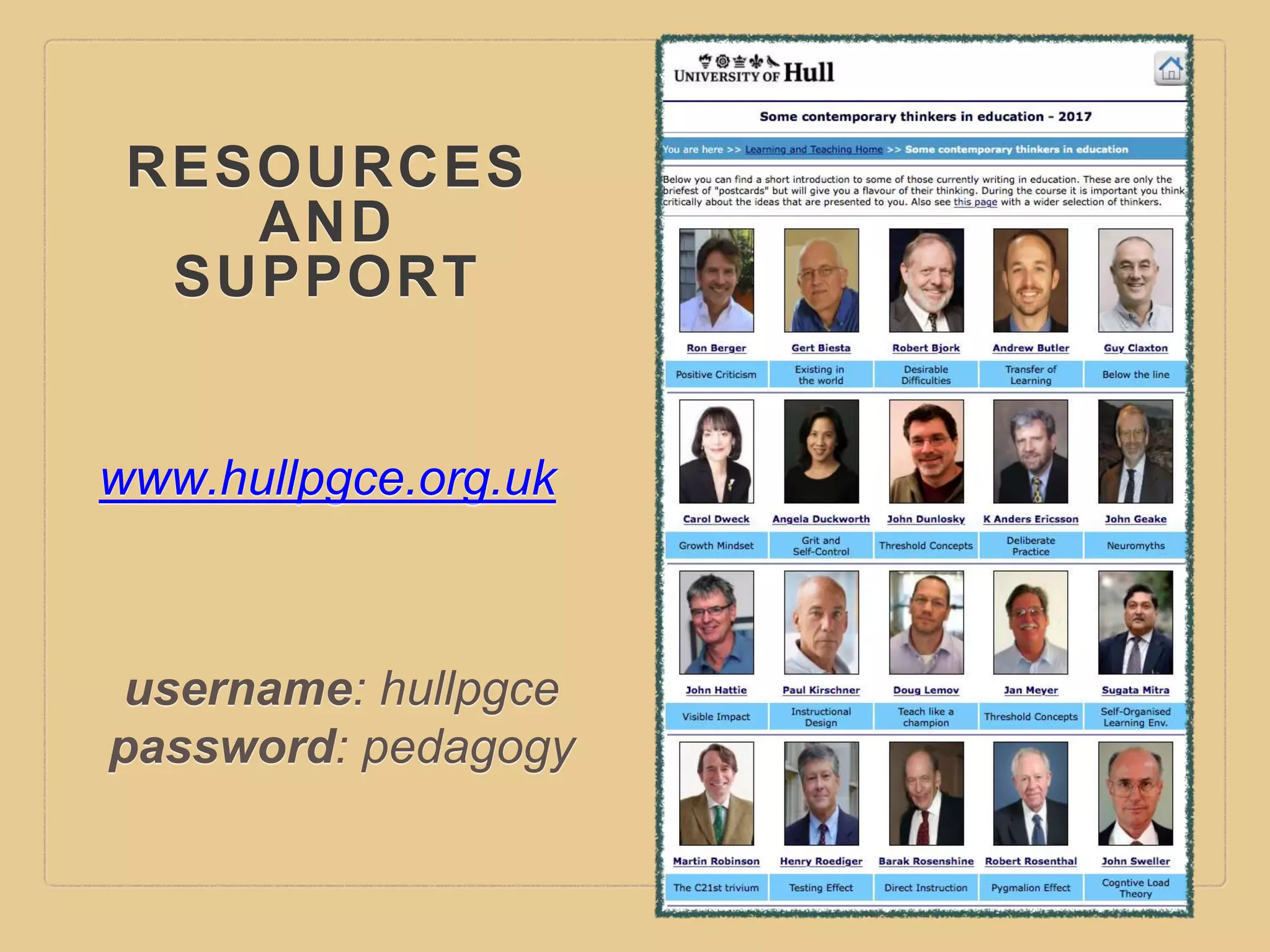 RESOURCES
AND
SUPPORT
www.hullpgce.org.uk
username: hullpgce
password: pedagogy
 