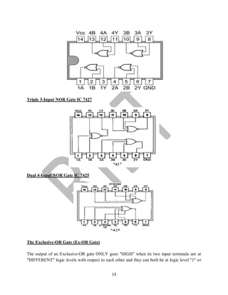 13
Triple 3-Input NOR Gate IC 7427
Dual 4-Input NOR Gate IC 7425
The Exclusive-OR Gate (Ex-OR Gate)
The output of an Exclusive-OR gate ONLY goes "HIGH" when its two input terminals are at
"DIFFERENT" logic levels with respect to each other and they can both be at logic level "1" or
 