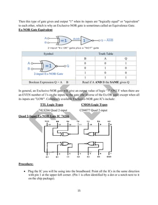 15
Then this type of gate gives and output "1" when its inputs are "logically equal" or "equivalent"
to each other, which is why an Exclusive-NOR gate is sometimes called an Equivalence Gate.
Ex-NOR Gate Equivalent
In general, an Exclusive-NOR gate will give an output value of logic "1" ONLY when there are
an EVEN number of 1's on the inputs to the gate (the inverse of the Ex-OR gate) except when all
its inputs are "LOW". Commonly available Exclusive-NOR gate IC's include:
TTL Logic Types
74LS266 Quad 2-input
CMOS Logic Types
CD4077 Quad 2-input
Quad 2-Input Ex-NOR Gate IC 74266
Procedure:
 Plug the IC you will be using into the breadboard. Point all the ICs in the same direction
with pin 1 at the upper-left corner. (Pin 1 is often identified by a dot or a notch next to it
on the chip package).
Symbol Truth Table
2-input Ex-NOR Gate
B A Q
0 0 1
0 1 0
1 0 0
1 1 1
Boolean Expression Q = A B Read if A AND B the SAME gives Q
 