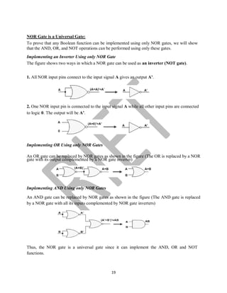 19
NOR Gate is a Universal Gate:
To prove that any Boolean function can be implemented using only NOR gates, we will show
that the AND, OR, and NOT operations can be performed using only these gates.
Implementing an Inverter Using only NOR Gate
The figure shows two ways in which a NOR gate can be used as an inverter (NOT gate).
1. All NOR input pins connect to the input signal A gives an output A’.
2. One NOR input pin is connected to the input signal A while all other input pins are connected
to logic 0. The output will be A’.
Implementing OR Using only NOR Gates
An OR gate can be replaced by NOR gates as shown in the figure (The OR is replaced by a NOR
gate with its output complemented by a NOR gate inverter)
Implementing AND Using only NOR Gates
An AND gate can be replaced by NOR gates as shown in the figure (The AND gate is replaced
by a NOR gate with all its inputs complemented by NOR gate inverters)
Thus, the NOR gate is a universal gate since it can implement the AND, OR and NOT
functions.
 