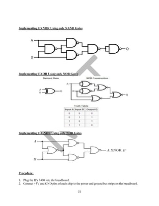 21
Implementing EXNOR Using only NAND Gates
Implementing EXOR Using only NOR Gates
Implementing EX-NOR Using only NOR Gates
Procedure:
1. Plug the ICs 7400 into the breadboard.
2. Connect +5V and GND pins of each chip to the power and ground bus strips on the breadboard.
 
