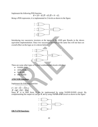 24
Implement the following POS function
F =
Being a POS expression, it is implemented in 2-levels as shown in the figure.
Introducing two successive inverters at the inputs of the AND gate Results in the shown
equivalent implementation. Since two successive inverters on the same line will not have an
overall effect on the logic as it is shown before.
There are some other types of 2-level combinational circuits which are
 NAND-AND
 AND-NOR,
 NOR-OR,
 OR-NAND
AND-NOR functions:
Implement the following function
F = XZ YZ XYZ or
F = XZ Y Z XYZ
Since F’ is in SOP form, it can be implemented by using NAND-NAND circuit. By
complementing the output we can get F, or by using NAND-AND circuit as shown in the figure
OR-NAND functions:
 