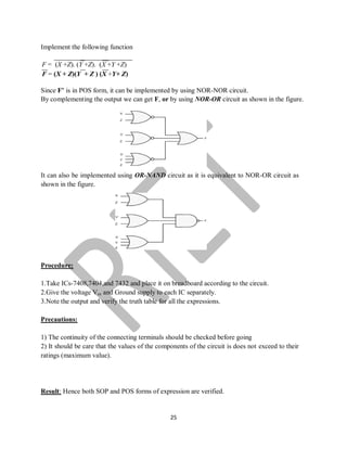 25
Implement the following function
F = (X +Z). (Y +Z). (X +Y +Z)
F = (X + Z)(Y + Z ) (X +Y+ Z)
Since F’ is in POS form, it can be implemented by using NOR-NOR circuit.
By complementing the output we can get F, or by using NOR-OR circuit as shown in the figure.
It can also be implemented using OR-NAND circuit as it is equivalent to NOR-OR circuit as
shown in the figure.
Procedure:
1.Take ICs-7408,7404,and 7432 and place it on breadboard according to the circuit.
2.Give the voltage Vcc and Ground supply to each IC separately.
3.Note the output and verify the truth table for all the expressions.
Precautions:
1) The continuity of the connecting terminals should be checked before going
2) It should be care that the values of the components of the circuit is does not exceed to their
ratings (maximum value).
Result: Hence both SOP and POS forms of expression are verified.
 