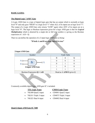6
BASIC GATES:
The Digital Logic "AND" Gate
A Logic AND Gate is a type of digital logic gate that has an output which is normally at logic
level "0" and only goes "HIGH" to a logic level "1" when ALL of its inputs are at logic level "1".
The output of a Logic AND Gate only returns "LOW" again when ANY of its inputs are at a
logic level "0". The logic or Boolean expression given for a logic AND gate is that for Logical
Multiplication which is denoted by a single dot or full stop symbol, (.) giving us the Boolean
expression of: A.B = Q.
Then we can define the operation of a 2-input logic AND gate as being:
"If both A and B are true, then Q is true"
2-input AND Gate
Symbol Truth Table
2-input AND Gate
B A Q
0 0 0
0 1 0
1 0 0
1 1 1
Boolean Expression Q = A.B Read as A AND B gives Q
Commonly available digital logic AND gate IC’s included:
TTL Logic Types
 74LS08 Quad 2-input
 74LS11 Triple 3-input
 74LS21 Dual 4-input
CMOS Logic Types
 CD4081 Quad 2-input
 CD4073 Triple 3-input
 CD4082 Dual 4-input
Quad 2-Input AND Gate IC 7408
 
