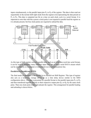 66
inputs simultaneously, to the parallel input pins PA to PD of the register. The data is then read out
sequentially in the normal shift-right mode from the register at Q representing the data present at
PA to PD. This data is outputted one bit at a time on each clock cycle in a serial format. It is
important to note that with this system a clock pulse is not required to parallel load the register as
it is already present, but four clock pulses are required to unload the data.
Truth Table
CLK Q3 Q2 Q1 Q0 O/P
0 1 0 0 1 1
1 0 0 0 0 0
2 0 0 0 0 0
3 0 0 0 0 1
As this type of shift register converts parallel data, such as an 8-bit data word into serial format,
it can be used to multiplex many different input lines into a single serial DATA stream which
can be sent directly to a computer or transmitted over a communications line.
Parallel-in to Parallel-out (PIPO)
The final mode of operation is the Parallel-in to Parallel-out Shift Register. This type of register
also acts as a temporary storage device or as a time delay device similar to the SISO
configuration above. The data is presented in a parallel format to the parallel input pins PA to PD
and then transferred together directly to their respective output pins QA to QA by the same clock
pulse. Then one clock pulse loads and unloads the register. This arrangement for parallel loading
and unloading is shown below.
 