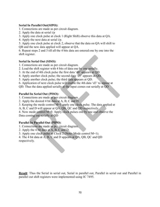 70
Serial In Parallel Out(SIPO):
1. Connections are made as per circuit diagram.
2. Apply the data at serial i/p
3. Apply one clock pulse at clock 1 (Right Shift) observe this data at QA.
4. Apply the next data at serial i/p.
5. Apply one clock pulse at clock 2, observe that the data on QA will shift to
QB and the new data applied will appear at QA.
6. Repeat steps 2 and 3 till all the 4 bits data are entered one by one into the
shift register.
Serial In Serial Out (SISO):
1. Connections are made as per circuit diagram.
2. Load the shift register with 4 bits of data one by one serially.
3. At the end of 4th clock pulse the first data ‘d0’ appears at QD.
4. Apply another clock pulse; the second data ‘d1’ appears at QD.
5. Apply another clock pulse; the third data appears at QD.
6. Application of next clock pulse will enable the 4th data ‘d3’ to appear at
QD. Thus the data applied serially at the input comes out serially at QD
Parallel In Serial Out (PISO):
1. Connections are made as per circuit diagram.
2. Apply the desired 4 bit data at A, B, C and D.
3. Keeping the mode control M=1 apply one clock pulse. The data applied at
A, B, C and D will appear at QA, QB, QC and QD respectively.
4. Now mode control M=0. Apply clock pulses one by one and observe the
Data coming out serially at QD
Parallel In Parallel Out (PIPO):
1. Connections are made as per circuit diagram.
2. Apply the 4 bit data at A, B, C and D.
3. Apply one clock pulse at Clock 2 (Note: Mode control M=1).
4. The 4 bit data at A, B, C and D appears at QA, QB, QC and QD
respectively.
Result: Thus the Serial in serial out, Serial in parallel out, Parallel in serial out and Parallel in
parallel out shift registers were implemented using IC 7495.
 