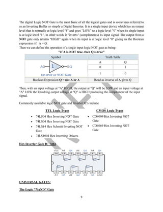 9
The digital Logic NOT Gate is the most basic of all the logical gates and is sometimes referred to
as an Inverting Buffer or simply a Digital Inverter. It is a single input device which has an output
level that is normally at logic level "1" and goes "LOW" to a logic level "0" when its single input
is at logic level "1", in other words it "inverts" (complements) its input signal. The output from a
NOT gate only returns "HIGH" again when its input is at logic level "0" giving us the Boolean
expression of: A = Q.
Then we can define the operation of a single input logic NOT gate as being:
"If A is NOT true, then Q is true"
Symbol Truth Table
Inverter or NOT Gate
A Q
0 1
1 0
Boolean Expression Q = not A or A Read as inverse of A gives Q
Then, with an input voltage at "A" HIGH, the output at "Q" will be LOW and an input voltage at
"A" LOW the Resulting output voltage at "Q" is HIGH producing the complement of the input
signal.
Commonly available logic NOT gate and Inverter IC's include
TTL Logic Types
 74LS04 Hex Inverting NOT Gate
 74LS04 Hex Inverting NOT Gate
 74LS14 Hex Schmitt Inverting NOT
Gate
 74LS1004 Hex Inverting Drivers
CMOS Logic Types
 CD4009 Hex Inverting NOT
Gate
 CD4069 Hex Inverting NOT
Gate
Hex Inverter Gate IC 7404
UNIVERSAL GATES:
The Logic "NAND" Gate
 
