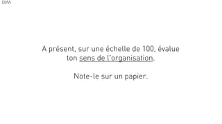 A présent, sur une échelle de 100, évalue
ton sens de l'organisation.
!
Note-le sur un papier.
30
 