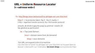 Structure de l’URL
URL = Uniform Resource Locator
(= «adresse web»)
53
•
Ex: http://blogs.lesoir.be/exclusif/roi-philippe-est-une-fille.html
http:// = le protocole (idem: ftp:// , file://, mailto: ) 
( http = hypertext transfer protocol, ftp = file transfer protocol)
ensuite, de droite à gauche jusqu’au premier «slash» (/)  
(du général au particulier)
.be = Top Level Domain
lesoir = domain name (nom de domaine)
blogs = sous-domaine
Cet URL correspond à dire à la machine:  
«va chercher le fichier roi-philippe-est-une-fille.html se trouvant dans le
dossier « /exclusif/» sur l’ordinateur be.lesoir.blogs via le protocole http»
 