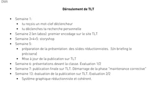 Déroulement de TLT
!
• Semaine 1:
• tu reçois un mot-clef déclencheur
• tu déclenches ta recherche personnelle
• Semaine 2 (en labos): premier encodage sur le site TLT
• Semaine 3+4+5: storyshop
• Semaine 5:
• préparation de la présentation: des slides réductionnistes. (Un briefing le
précisera)
• Mise à jour de la publication sur TLT
• Semaine 6: présentations devant la classe. Evaluation 1/2
• Semaine 7: publication finale sur TLT. Démarrage de la phase "maintenance corrective"
• Semaine 13: évaluation de la publication sur TLT. Evaluation 2/2
• Système graphique réductionniste et cohérent.
68
 