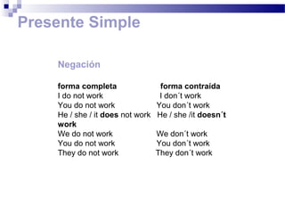 Presente Simple

    Negación

    forma completa                 forma contraída
    I do not work                  I don´t work
    You do not work               You don´t work
    He / she / it does not work   He / she /it doesn´t
    work
    We do not work                We don´t work
    You do not work               You don´t work
    They do not work              They don´t work
 