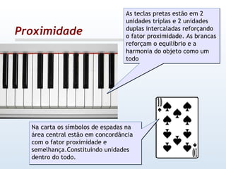 Proximidade As teclas pretas estão em 2 unidades triplas e 2 unidades duplas intercaladas reforçando o fator proximidade. As brancas reforçam o equilíbrio e a harmonia do objeto como um todo Na carta os símbolos de espadas na área central estão em concordância com o fator proximidade e semelhança.Constituindo unidades dentro do todo. 