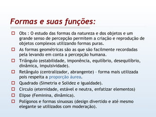 Obs : O estudo das formas da natureza e dos objetos e um grande senso de percepção permitem a criação e reprodução de objetos complexos utilizando formas puras. As formas geométricas são as que são facilmente recordadas pela levando em conta a percepção humana. Triângulo (estabilidade, imponência, equilíbrio, desequilíbrio, dinâmica, impulsividade). Retângulo (centralizador, abrangente) – forma mais utilizada pois respeita a  proporção áurea . Quadrado (Simetria e Solidez e igualdade). Circulo (eternidade, estável e neutra, enfatizar elementos) Elipse (Feminina, dinâmica). Polígonos e formas sinuosas (design divertido e até mesmo elegante se utilizados com moderação). Formas e suas funções: 