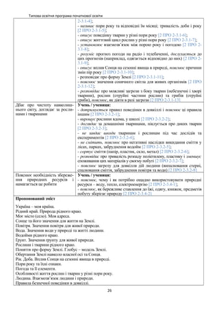 Типова освітня програма початкової освіти
2-3.1-4];
- називає пори року та відповідні їм місяці; тривалість доби і року
[2 ПРО 2-3.1-5];
- описує поведінку тварин у різні пори року [2 ПРО 2-3.1-6];
- описує життєвий цикл рослин у різні пори року [2 ПРО 2-3.1-7];
- установлює взаємозв’язок між порою року і погодою [2 ПРО 2-
3.1-8];
- розуміє прогноз погоди на радіо і телебаченні, дослухається до
цих прогнозів (наприклад, одягається відповідно до них) [2 ПРО 2-
3.1-9];
- описує вплив Сонця на сезонні явища в природі, пояснює причини
змін пір року [2 ПРО 2-3.1-10];
- розповідає про форму Землі [2 ПРО 2-3.1-11];
- пояснює значення сонячного світла для живих організмів [2 ПРО
2-3.1-12];
- розповідає про можливі загрози з боку тварин (небезпечні і хворі
тварини), рослин (отруйні частини рослин) та грибів (отруйні
гриби), пояснює, як діяти в разі загрози [2 ПРО 2-3.1-13]
Дбає про чистоту навколиш-
нього світу, доглядає за росли-
нами і тваринами
Учень / учениця:
- дотримується правил поведінки в довкіллі і пояснює ці правила
іншим [2 ПРО 2-3.2-1];
- вирощує рослини вдома, у школі [2 ПРО 2-3.2-2];
- доглядає за домашніми тваринами, піклується про диких тварин
[2 ПРО 2-3.2-3];
- не завдає шкоди тваринам і рослинам під час дослідів та
експериментів [2 ПРО 2-3.2-4];
- не смітить, пояснює про негативні наслідки викидання сміття у
лісах, парках, забруднення водойм [2 ПРО 2-3.2-5];
- сортує сміття (папір, пластик, скло, метал) [2 ПРО 2-3.2-6];
- розповідає про тривалість розпаду поліетилену, пластику і зменшує
споживання цих матеріалів у своєму побуті [2 ПРО 2-3.2-7];
- пояснює загрозу для довкілля дій людини (випалювання стерні,
спалювання сміття, забруднення повітря та води) [2 ПРО 2-3.2-8]
Пояснює необхідність збереже-
ння природних ресурсів і
намагається це робити
Учень / учениця:
- пояснює, чому і як потрібно ощадно використовувати природні
ресурси – воду, тепло, електроенергію [2 ПРО 2-3.4-1];
- пояснює, як бережливе ставлення до їжі, одягу, книжок, предметів
побуту зберігає природу [2 ПРО 2-3.4-2]
Пропонований зміст
Україна – моя країна.
Рідний край. Природа рідного краю.
Моє місто (село). Моя адреса.
Сонце та його значення для життя на Землі.
Повітря. Значення повітря для живої природи.
Вода. Значення води у природі та житті людини.
Водойми рідного краю.
Ґрунт. Значення ґрунту для живої природи.
Рослини і тварини рідного краю.
Поняття про форму Землі. Глобус – модель Землі.
Обертання Землі навколо власної осі та Сонця.
Рік. Доба. Вплив Сонця на сезонні явища в природі.
Пори року та їхні ознаки.
Погода та її елементи.
Особливості життя рослин і тварин у різні пори року.
Людина. Взаємозв’язок людини і природи.
Правила безпечної поведінки в довкіллі.
26
 